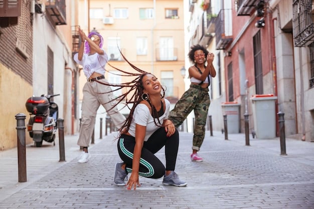 A dynamic image of a diverse group of young people, adorned in modern hip hop fashion, engaging with vibrant street art in a bustling city square somewhere in Europe, showcasing global cultural fusion.