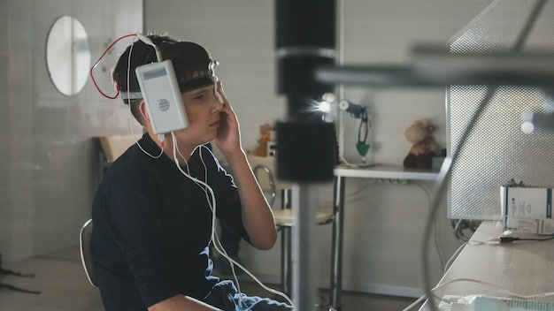 A student in a science lab setting, wearing headphones, analyzing sound waves on a computer screen. There are musical instruments in the background, suggesting a connection between music and science.