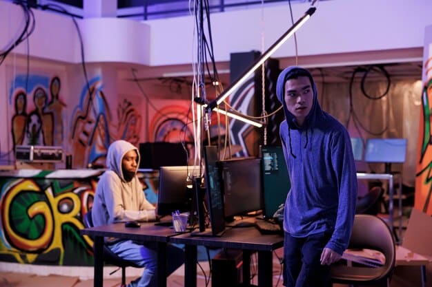 Two emerging US rap artists in a recording studio, intensely focused and brainstorming ideas together, surrounded by music equipment and notes. The atmosphere is creative and collaborative.