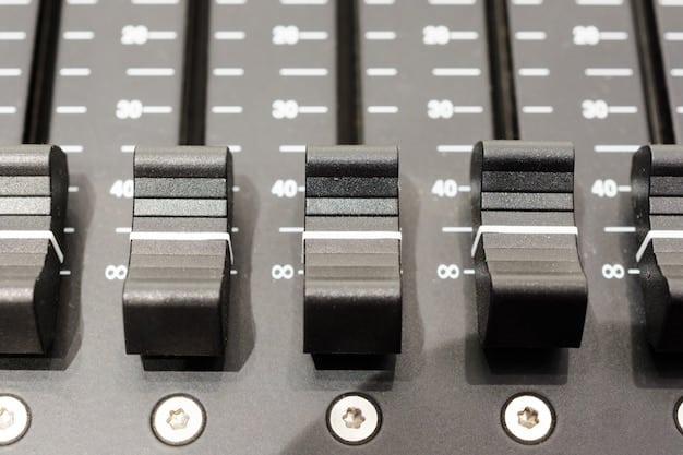 A close-up shot of a professional audio mixing console, with various knobs, faders, and displays illuminated. The image conveys the technical expertise and equipment required to produce high-quality music recordings suitable for radio airplay.