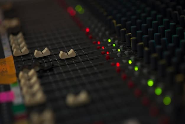 A close-up shot of a sound mixing board highlighting intricate sound layering and effects processing, symbolizing the process of refining and crafting a rapper's unique sonic identity in the studio.