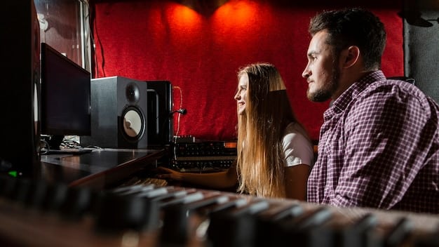 A brightly lit recording studio with various instruments and sound equipment. Two people are working at the soundboard, with focused expressions. The image is vibrant and evokes a sense of creative energy and professional production.