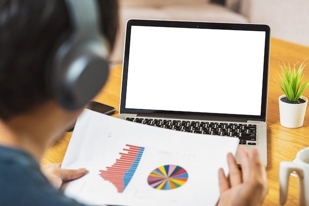 A laptop displaying a pie chart illustrating revenue distribution from music streaming platforms, with an upward trending arrow emphasizing potential growth. A pair of headphones rests beside the laptop, suggesting a focus on audio content.