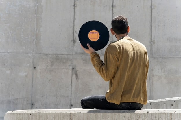 A close-up shot of a vinyl record being signed by an artist, with a loyal fan eagerly looking on. The scene captures the personal connection and direct interaction fostered through direct-to-fan engagement strategies.