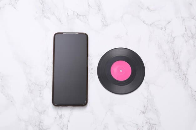 A close-up shot of a vinyl record with an independent label's logo, placed on a turntable. In the background, a smartphone displays the label's active social media page with comments and likes.