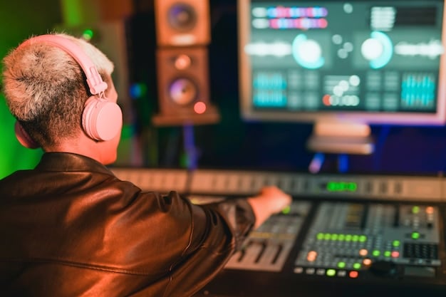 A music producer wearing headphones, mixing a track on a large mixing console with various EQ settings adjusted. The lighting in the studio is soft and focused on the equipment.