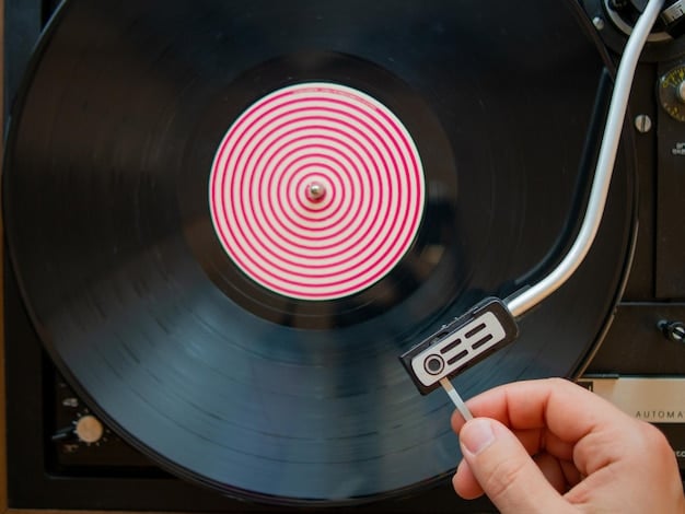 A close-up photo of a vinyl record with a magnifying glass hovering over the label, symbolizing the act of scrutinizing a recording for copyright information.