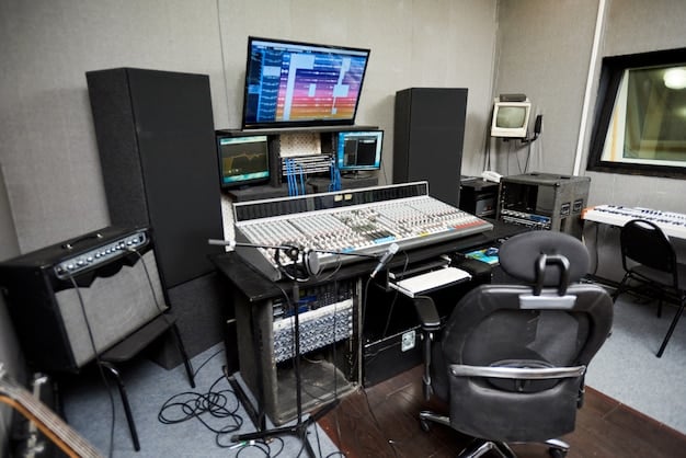 A wide shot of a professional music production studio, showcasing various synthesizers, mixing consoles, and computer screens displaying DAW software. Soft ambient lighting highlights the equipment and creates a creative atmosphere. The studio is tidy and organized, with cables neatly arranged.