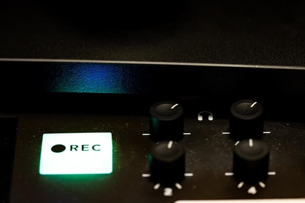A close-up shot of the back panel of an audio interface, highlighting the various input/output ports such as XLR, TRS, MIDI, and USB connections. The focus is on the connectivity options and their labels.
