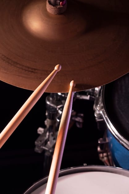Close-up of different types of drum sticks resting on a snare drum, with the drum kit blurred in the background. The focus is on the texture and detail of the sticks and drumhead, highlighting the tactile nature of drumming.