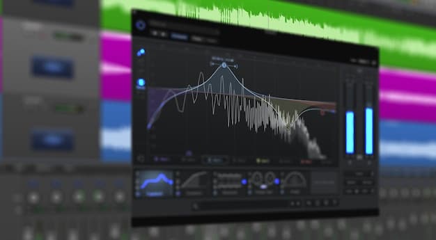 Screenshot of a music production software interface, showcasing a drum track with EQ and compression plugins open. The settings on the plugins are visible, providing a glimpse into the processing applied to the drum sound.