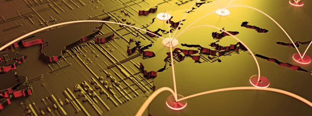 A digital illustration depicting a web of interconnected nodes representing various aspects of music licensing, such as copyright, royalties, streaming platforms, and artist collaborations, all linked together in a complex network. Highlighting the complexities of modern music licensing.