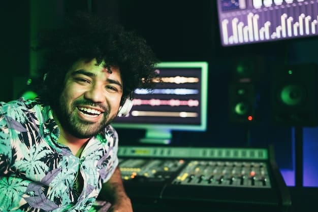 A close-up shot of a sound engineer working at the mixing board during an underground rap festival, highlighting the intricate technical setup and the individual's focused expression.