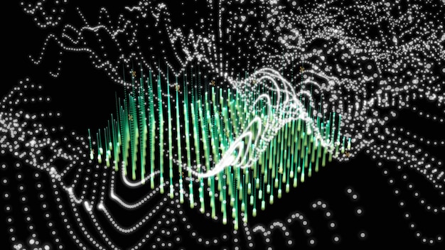 A graphic representation of a sound wave overlaid with data points, symbolizing the blending of music creation and data analysis.