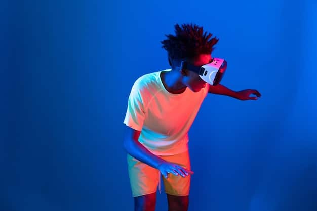 An underground rapper in a virtual concert, interacting lively through motion capture technology connected to a virtual avatar that performs on a digital stage surrounded by animated graphics and lighting effects.