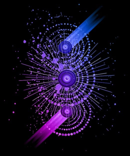 An abstract illustration depicting a vinyl record transforming into a digital NFT token, with glowing lines connecting the two. The background is a gradient of vibrant, neon colors.
