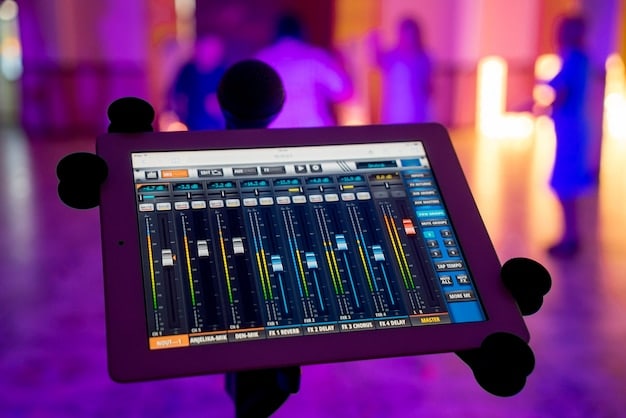 A digital display showcasing an AI-powered music mastering application with real-time audio analysis and adjustment settings. The interface highlights the AI's ability to automatically optimize sound levels and frequencies.