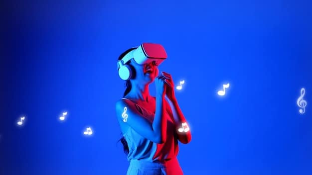 A person wearing a VR headset, fully immersed in a virtual rap concert. The stage is small and intimate, filled with other virtual attendees bobbing their heads to the music. The scene captures the raw energy of an underground rap performance.