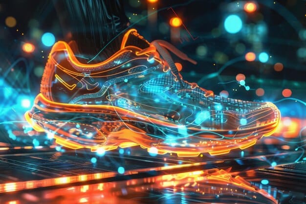 A dynamic graphic displaying market trend lines for several top sneaker models, overlaid with data points indicating price fluctuations and demand peaks, set against a background of abstract, interconnected data nodes, symbolizing predictive analytics.