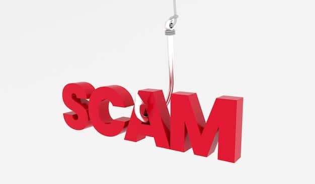 A magnifying glass icon over a blurred image of a smartphone displaying a suspicious online transaction, with 