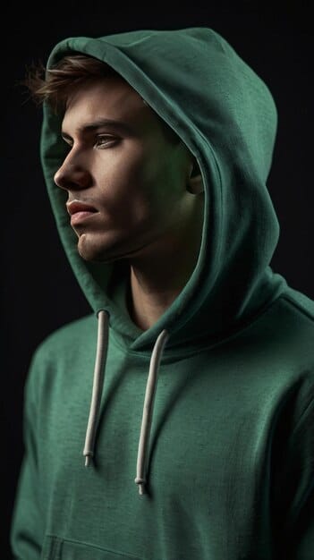 A close-up of a diverse model wearing a hoodie in a 