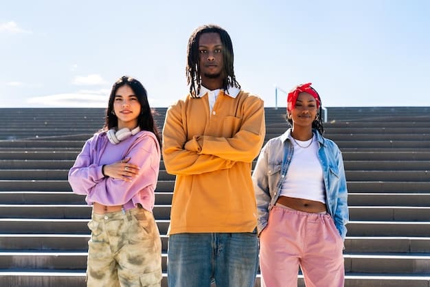A diverse group of young adults from different cultural backgrounds, each wearing a unique streetwear outfit that showcases a blend of regional color influences – one in bright East Asian-inspired pastels, another in muted European tones, and a third in bold North American primary shades, all interacting in an urban setting.