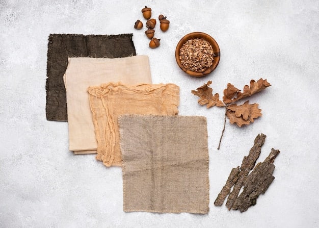 A detailed flat lay of various sustainable fabric swatches, including recycled polyester, organic cotton, and hemp, with a focus on their textures and natural colors.