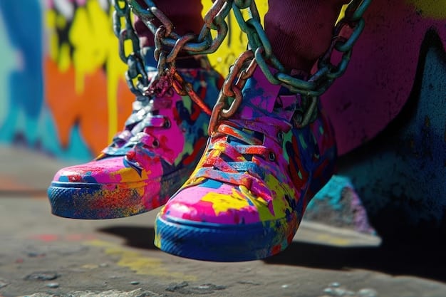 A detailed shot of a custom-painted pair of sneakers, featuring intricate brushwork and vibrant colors that complement a streetwear outfit in an urban setting, highlighting the artistry involved.