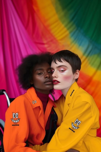 A striking advertising campaign image for a streetwear brand, featuring models of various gender identities and ethnic backgrounds, posing confidently in a vibrant urban setting, with clear, inclusive branding.