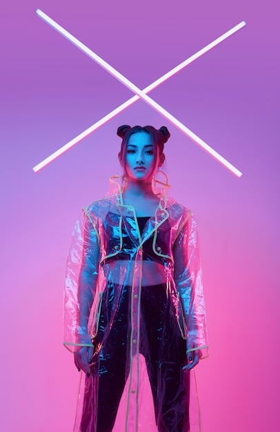 A futuristic streetwear influencer avatar in a vibrant, digitally rendered cyber-city environment, showcasing avant-garde digital clothing, with neon lights and holographic elements.