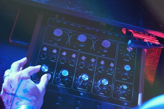 A close-up of a musician's hand interacting with a MIDI controller, while a transparent holographic AI interface hovers above, suggesting a collaborative creative process between human and machine.
