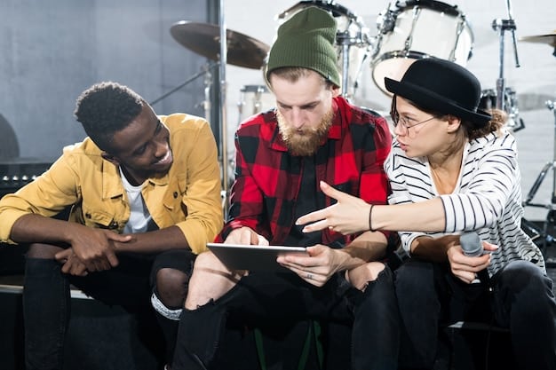 A diverse group of underground musicians and tech enthusiasts engaged in a lively discussion, with a conceptual AI-generated sound wave graphic hovering over them, representing the community's dialogue around technology and art.