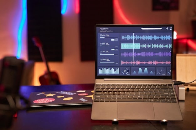 A close-up of a laptop screen displaying music streaming analytics, with graphs showing listener demographics and song performance, emphasizing the data-driven aspect of modern music promotion.