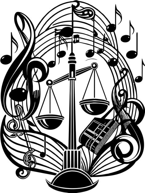 A stylized representation of legal scales balancing musical notes and dollar signs, symbolizing the delicate balance between creative freedom and financial implications within copyright law for music producers.