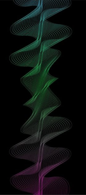 A futuristic graphic showing abstract digital wave forms and lines intersecting with holographic music notes, with subtle blockchain network elements in the background, specifically illustrating the intersection of technology and music.
