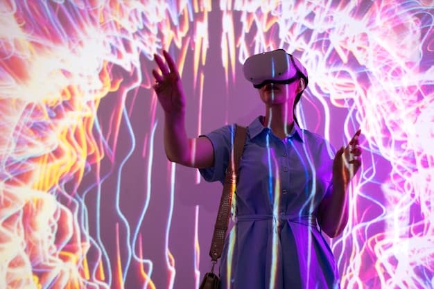 A DJ wearing a VR headset, surrounded by holographic visuals of sound waves and futuristic club-goers in a digital concert space, highlighting immersive virtual music.