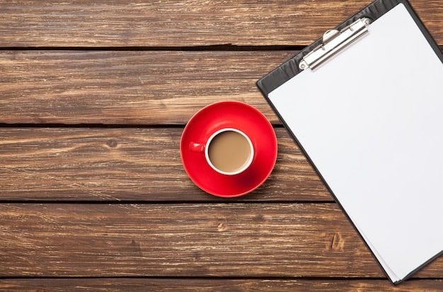 A detailed flat lay perspective of a grant application form with a pen, a cup of coffee, and some scattered music notes, signifying the meticulous work involved in the application process.