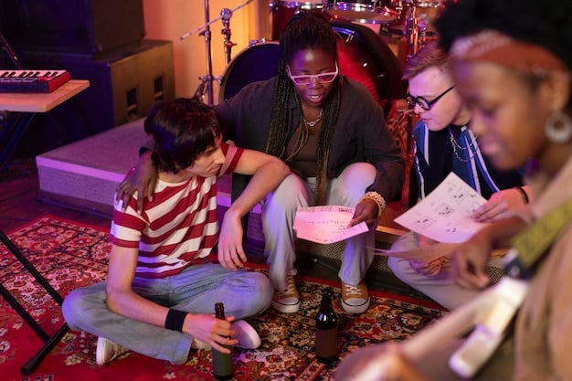 A diverse group of young musicians collaboratively creating music in a cozy, cluttered independent recording studio, showcasing instruments and recording equipment. Emphasizes artistic collaboration and authentic environment.