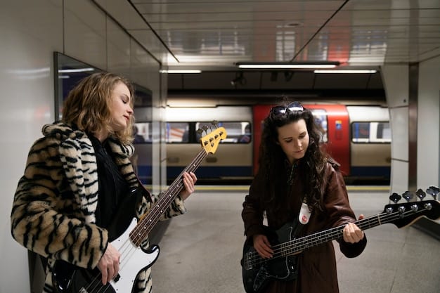 A bustling, diverse crowd at an intimate, dimly lit underground music venue, with a band performing on a small stage. The atmosphere is energetic and focused on the music.