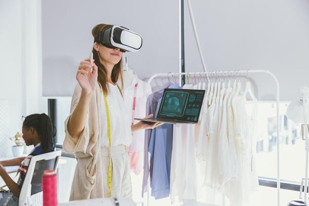 A designer's futuristic studio, with digital garment designs on screens and samples of innovative bio-materials laid out.