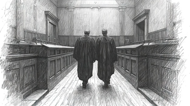 A stylized courtroom sketch showing a graffiti artist, represented by their unique tag, standing before a judge with a copyright symbol overhead.