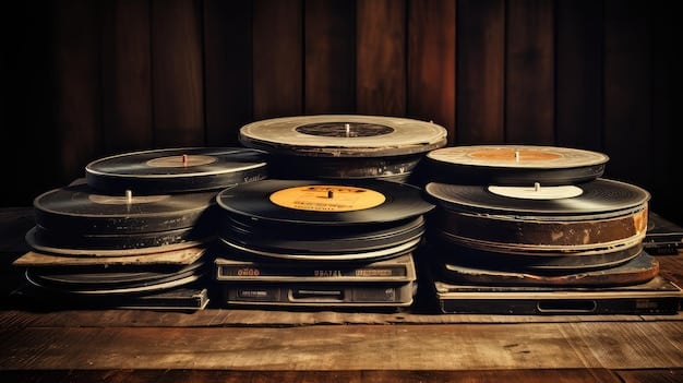 A stack of old vinyl records on a turntable, with subtle visual effects suggesting digital manipulation and layering, illustrating the evolution from physical sampling to digital techniques, bathed in warm, nostalgic light.