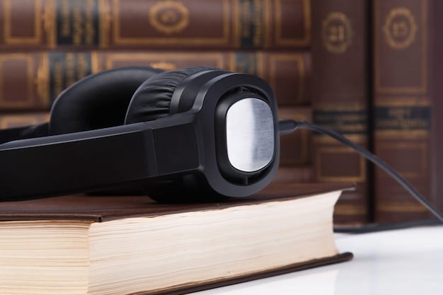 A legal document with a magnifying glass over a section on copyright law, symbolizing the intricate scrutiny of music sampling, with blurred images of a record player and headphones in the background.