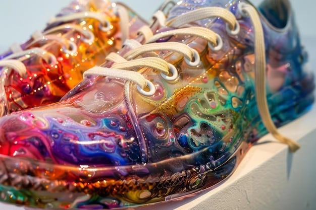 A detailed close-up of a brand-new, limited edition sneaker, highlighting its unique materials and intricate stitching, in a vibrant and eye-catching colorway.