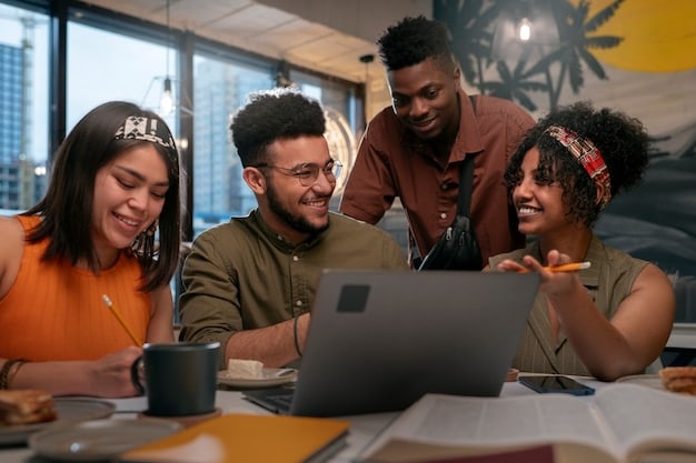 A diverse group of hip hop dancers in a planning meeting, gathered around a laptop looking at analytics and content calendars, symbolizing strategic business development for their online presence.