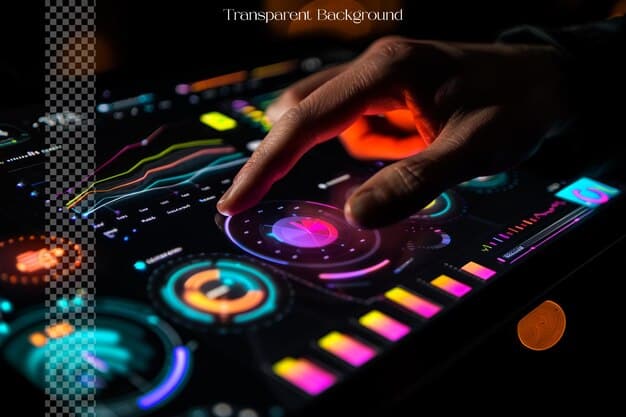 A close-up shot of a producer's hand interacting with a holographic control panel, displaying AI-generated waveform suggestions and mixing parameters, in a futuristic studio setting.