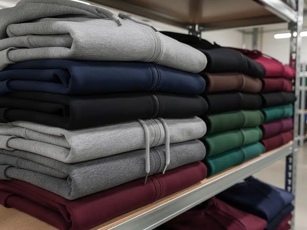 Stack of premium blank fleece hoodies and sweatpants