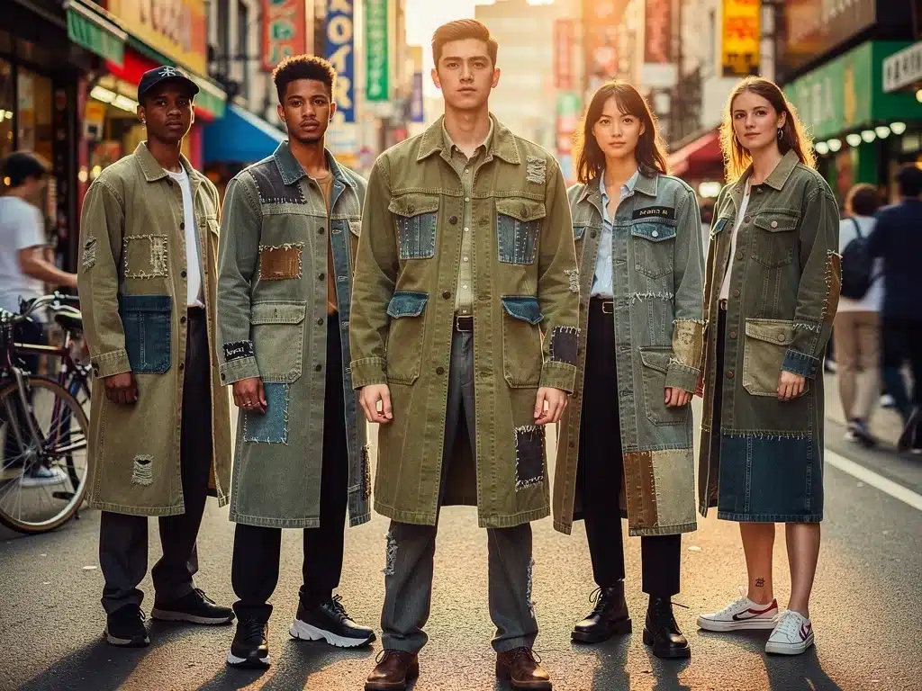 Diverse group wearing upcycled canvas outerwear on city street