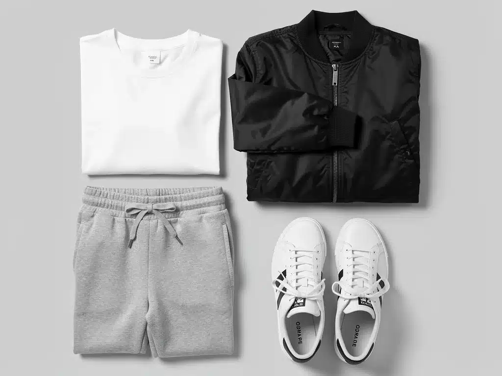 Flat lay of essential minimalist streetwear items